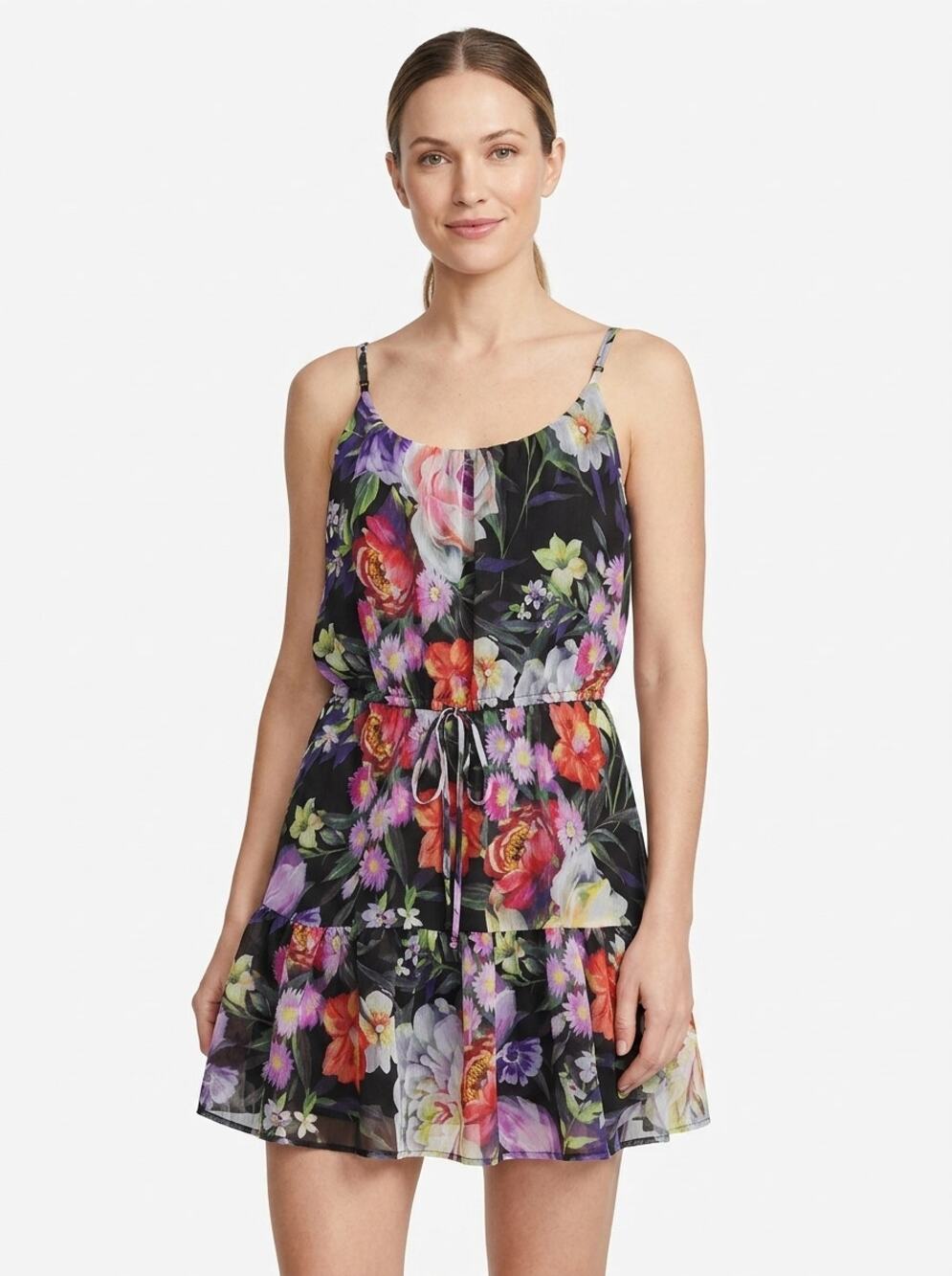 NWT Express Black Floral Spaghetti Strap Ruffle Mini Dress Women Size M